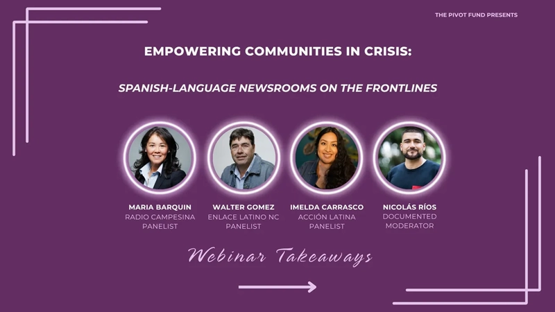 Webinar promotion titled Empowering Communities in Crisis with photos of Maria Barquin, Walter Gomez, Imelda Carrasco and Nicolás Ríos.