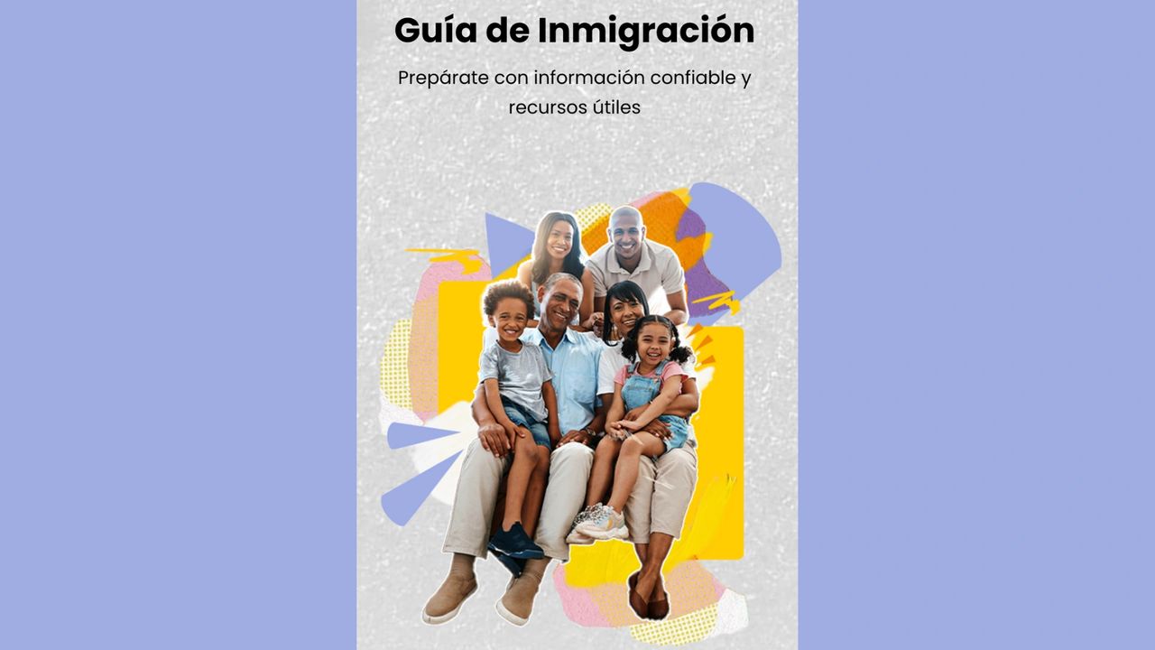 Cover art for an Immigration Guide, including a family portrait of parents and kids
