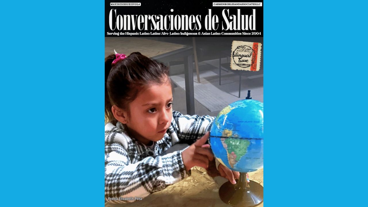 Young girl looks at a school globe on the cover of the magazine Conversaciones de Salud