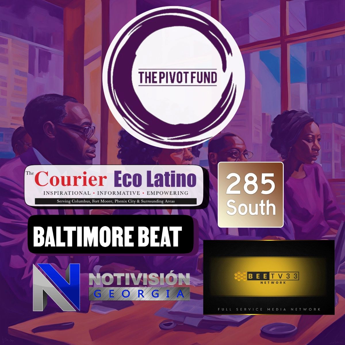 Collection of logos against an illustration background