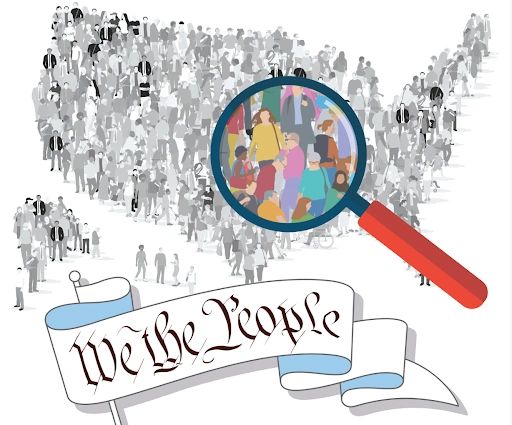 Illustration of U.S. map comprised of people with a magnifying glass over it and stylized "We the People" banner below.