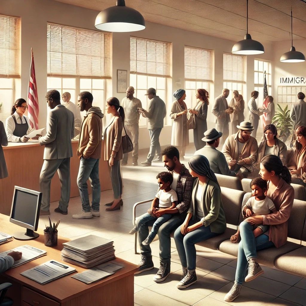 Illustration of diverse people and families at a government office