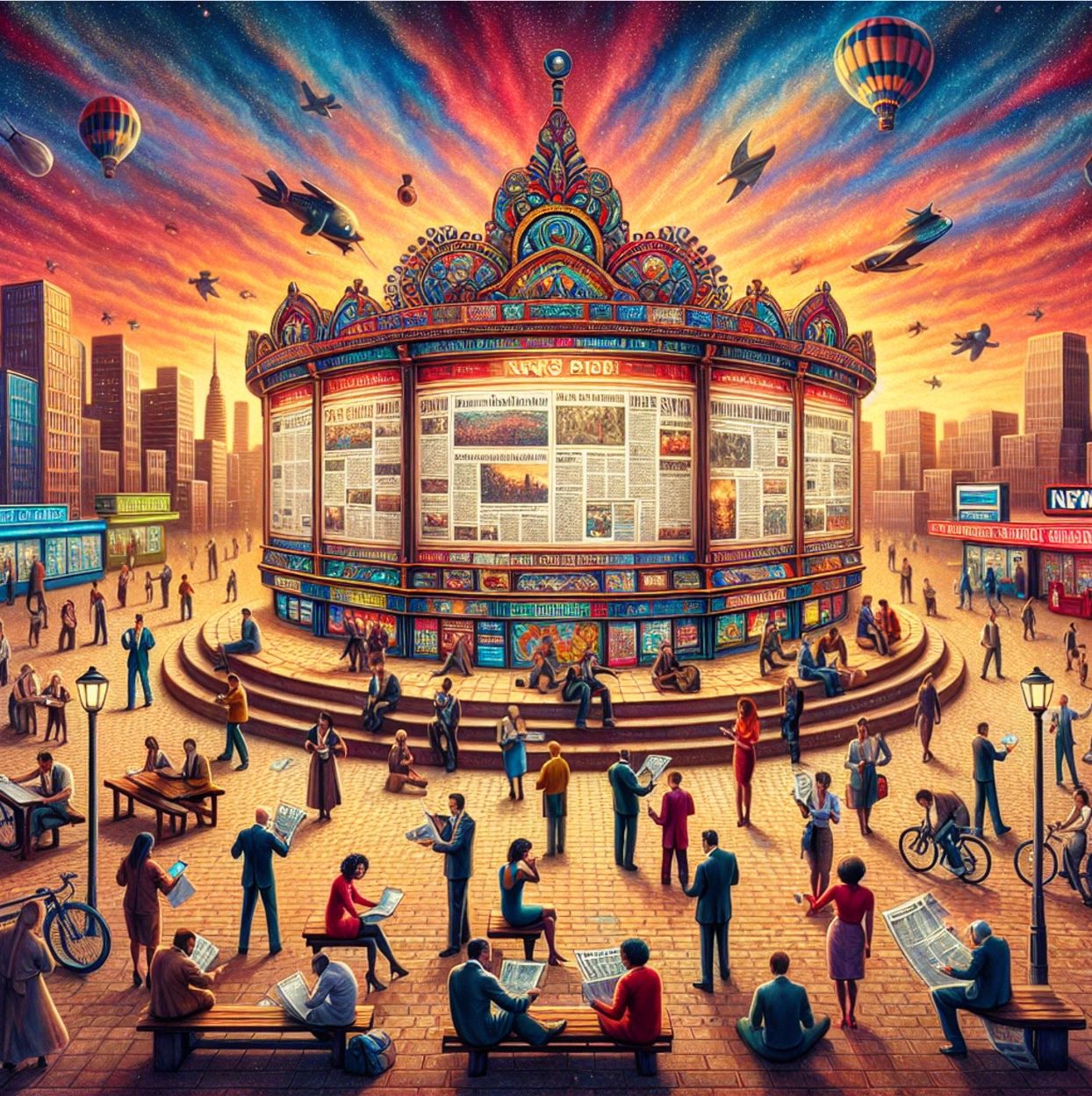 Abstract illustration of people around a large carousel of news
