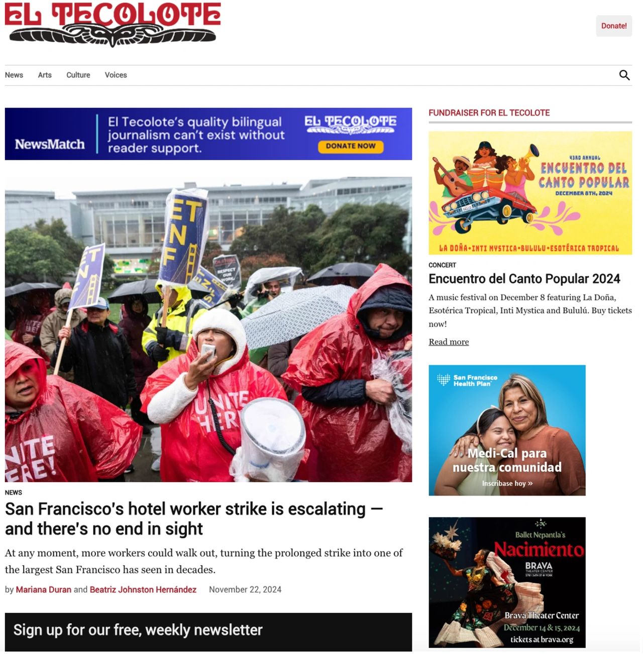 El Tecolote masthead and home page screenshot