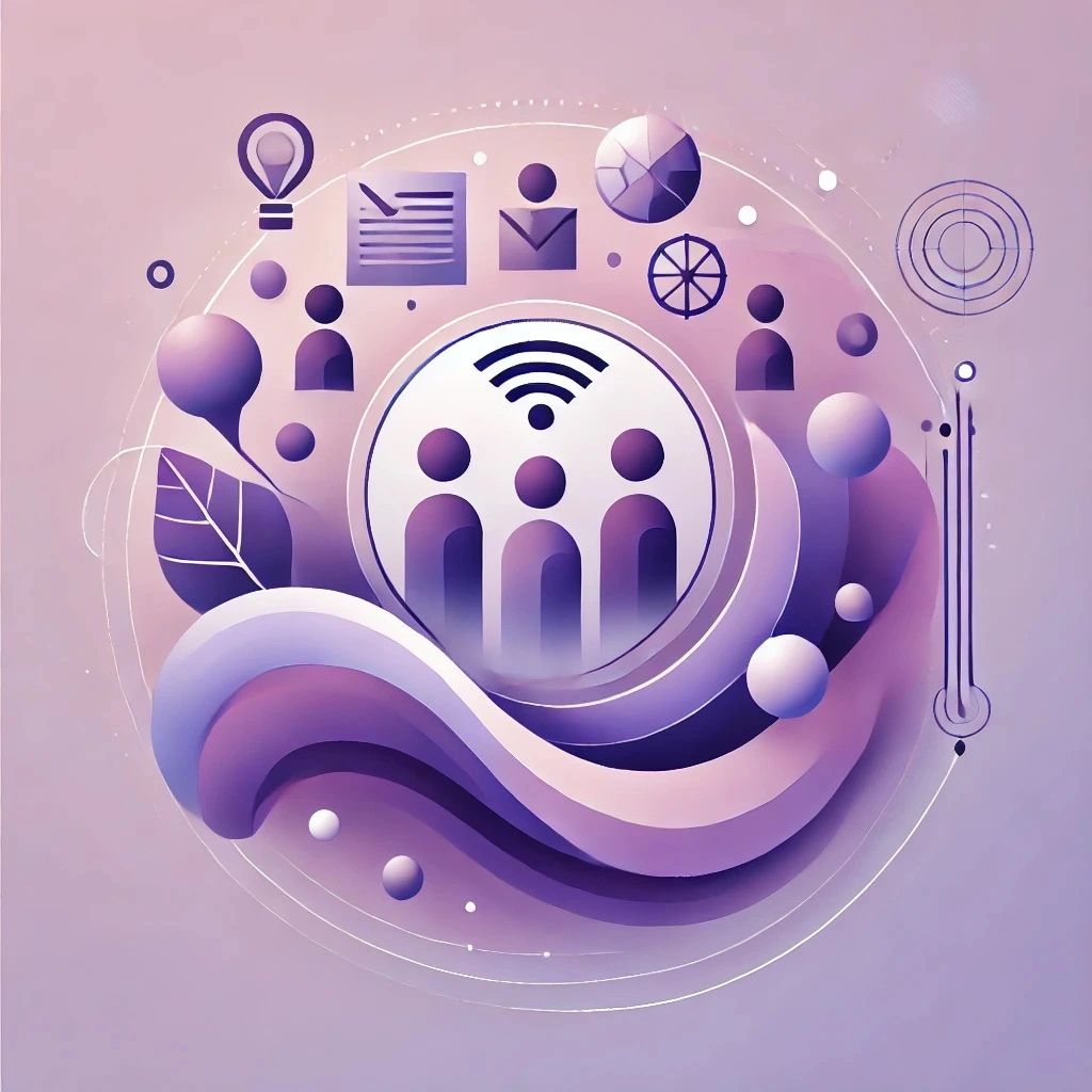 Illustration of people, circles and other abstract elements