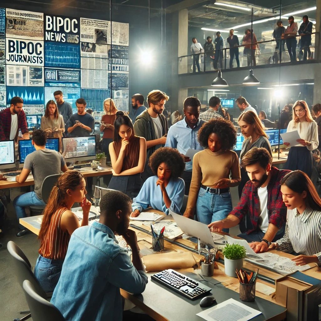 Illustration of news professionals working in a conference room