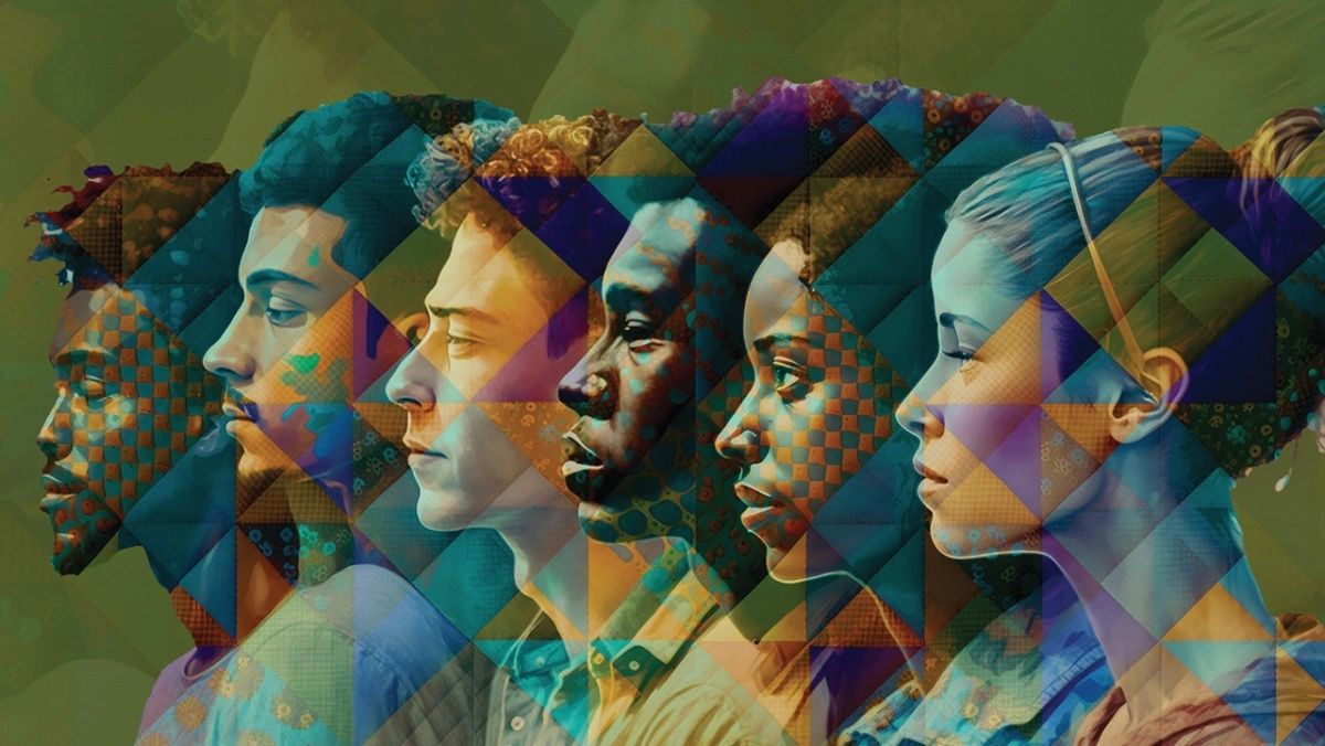 Decorative image of racially diverse faces in profile