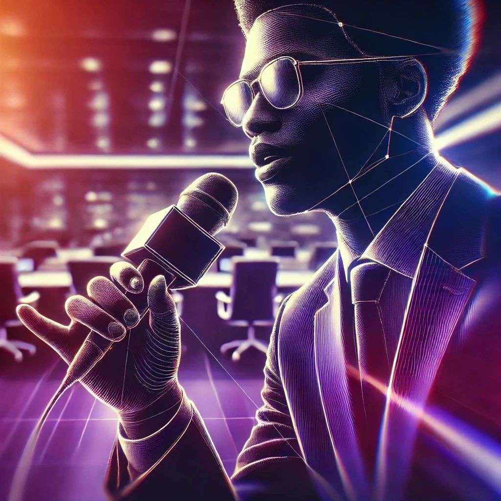 Decorative image of Black person wearing a suit speaking into microphone