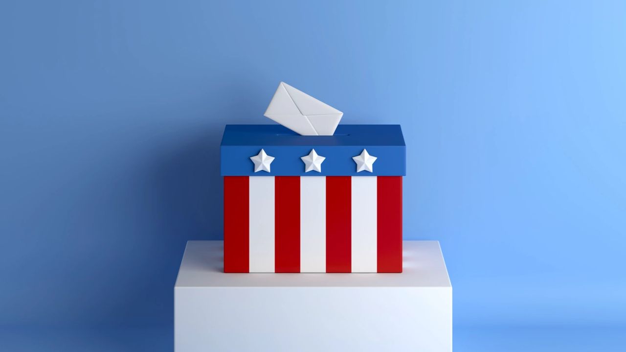 Voting box with stars and stripes against a solid blue background