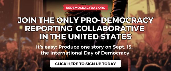 Advertising image with text "Join the only pro democracy reporting collaborative in the United States"