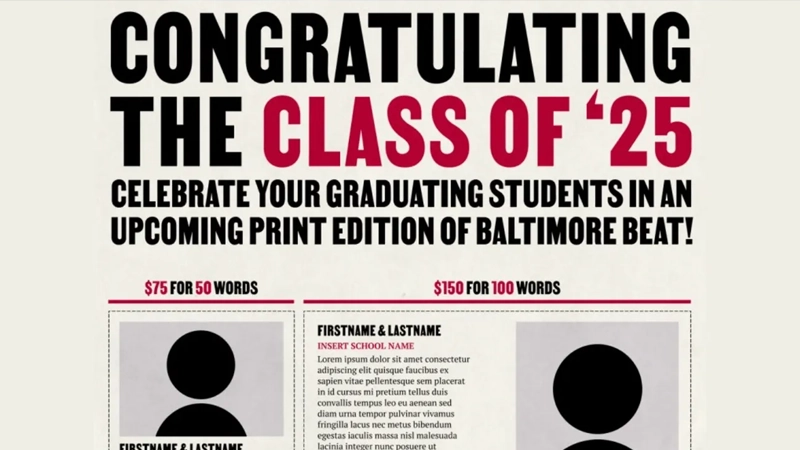 Baltimore Beat advertisement inviting submissions to celebrate graduating students in an upcoming print edition of the newspaper.