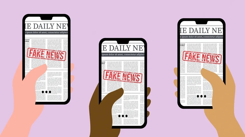 Illustration of hands holding cell phones showing newspaper articles stamped with "Fake News" in red.
