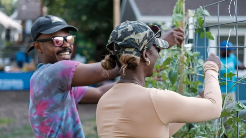 Black man and Black woman smiling while they tend tomato plants growing on a trellis