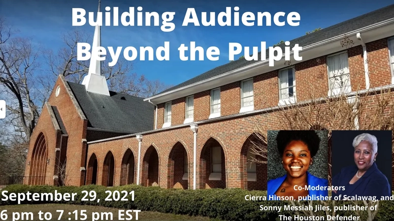 Outside view of a church building with portraits of two Black women and title "Building Audience Beyond the Pulpit"