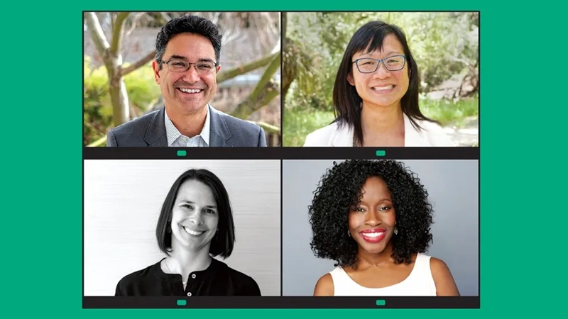 Four on-screen portraits of interviewees