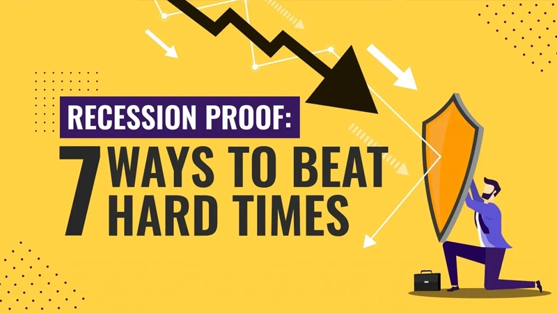 Illustration of man holding a shield with a header "Recession Proof: 7 Ways to Beat Hard Times"