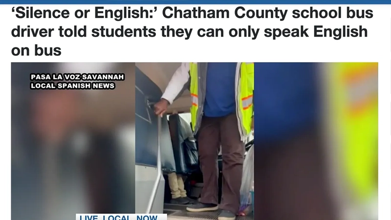 Video still of bus driver on bus with article title 'Silence or English:' Chatham County school bus driver told students they can only speak English on bus