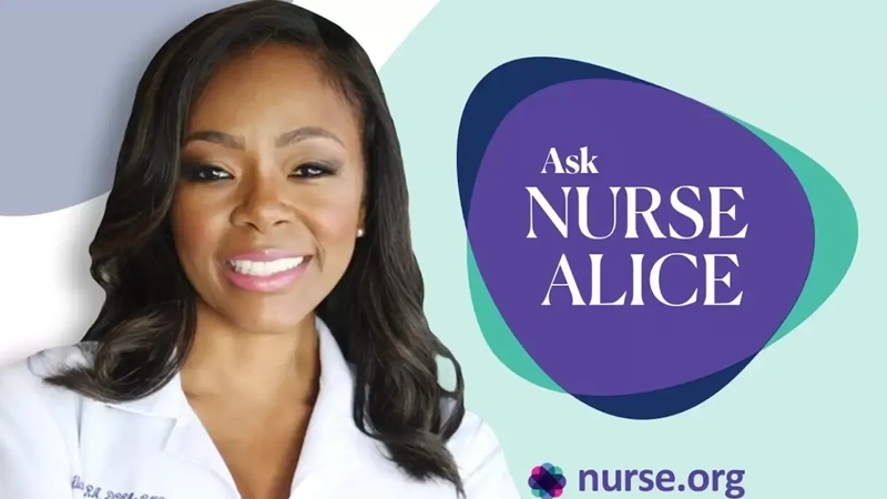 Black woman wearing a nurse's lab coat smiling next to a header "Ask Nurse Alice"