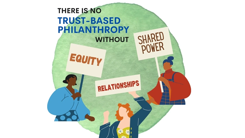 Header text: "There is no trust-based philanthropy without" with illustration of three women holding signs saying Equity, Shared Power and Relationships