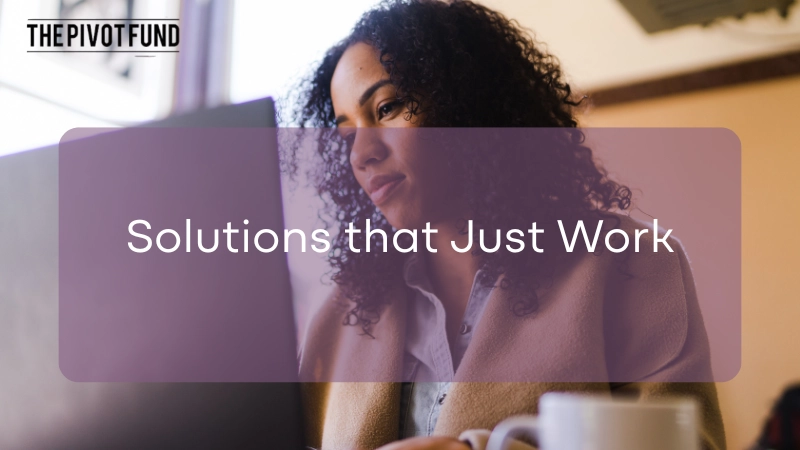 Woman working at laptop with title text Solutions that Just Work