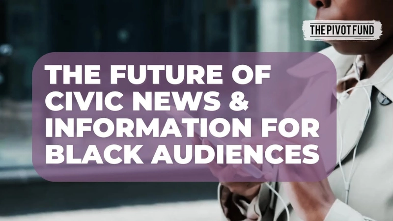 Background image of journalist with foreground text: The Future of Civic News and Information for Black Audiences