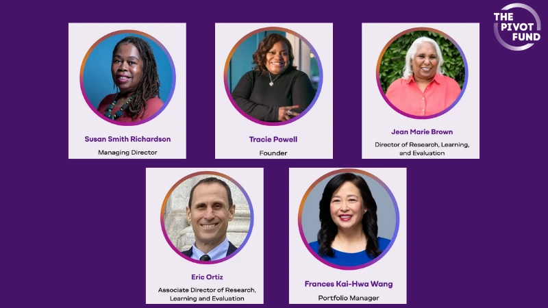 A dark purple background with six headshots of the Pivot Fund's leadership team.