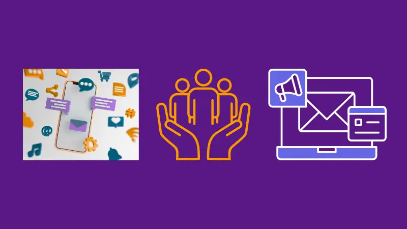 A purple background with three photo icons of social media, email and community