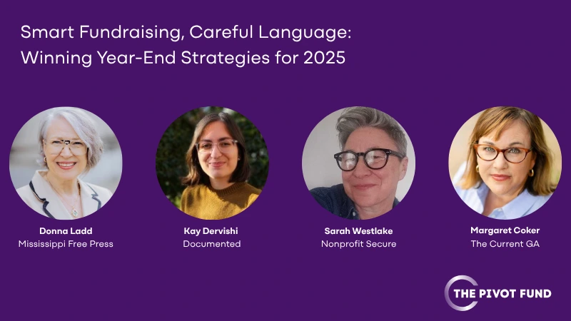 A purple background with headshots of the webinar panelists and the webinar title: Smart Fundraising, Careful Language: Winning Year-End Strategies for 2025