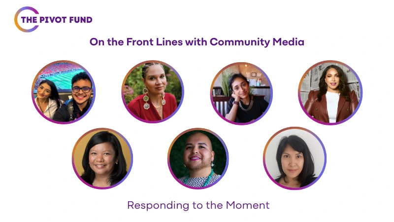 A graphic with webinar panelists' headshots and a title that reads: On the Front Lines with Community Media