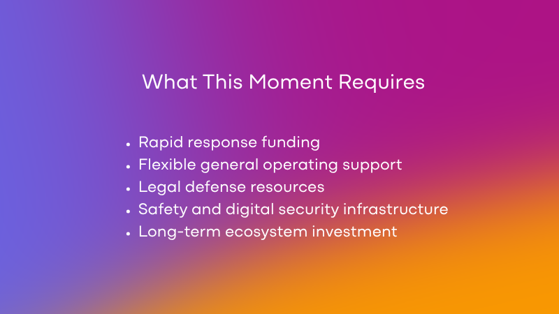 This moment requires Rapid response funding,
Flexible general operating support,
Legal defense resources,
Safety and digital security infrastructure,
Long-term ecosystem investment